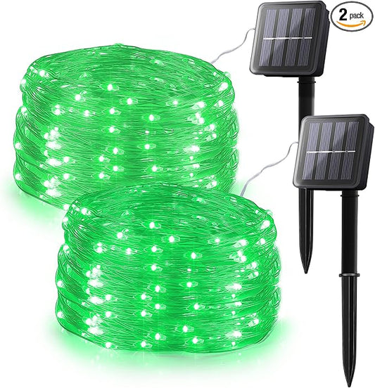 Woohaha 2 Pack 100 LED Solar Green String Lights, 33ft Waterproof Green Solar Fairy Lights for Christmas Tree Party Wedding Halloween St. Patrick's Day Decor