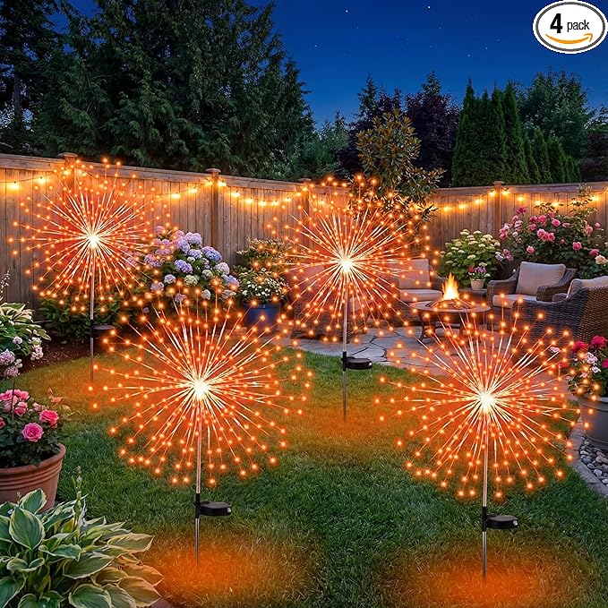 4 Pcs Christmas Solar Decoration Outdoor Orange Solar Firework Lights 180 LED 8 Modes Waterproof LED Stake Sparkler Decor for Holiday Walkway Pathway Garden Driveway Path Lawn Yard (Orange)