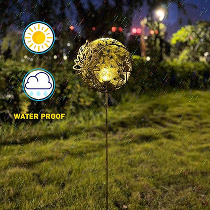 Fairy Solar Light Outdoor Decoration Garden Hollow Carving Sun Flowers Crackle Glass Ball Metal Stake for Pathway Patio Lawn Yard Mother Gift (Floral Fairy), Antique Brass