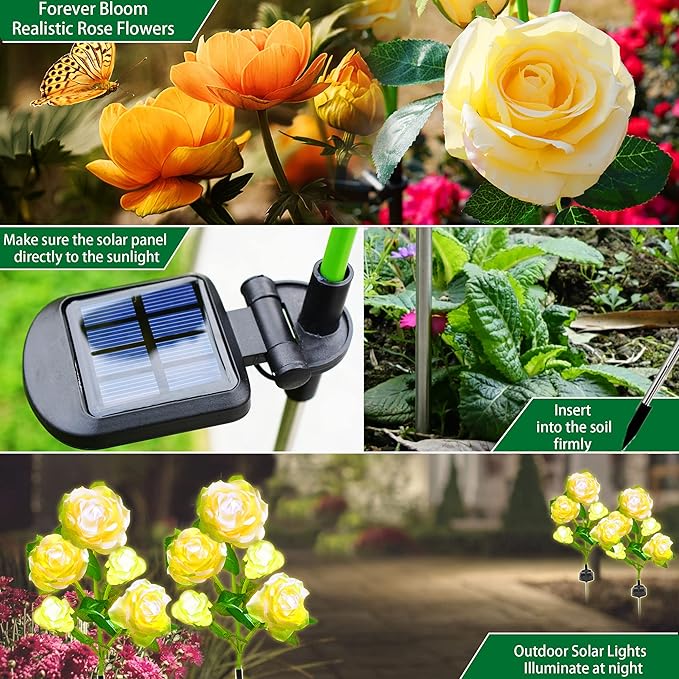 Solar Flowers Garden Lights Outdoor Waterproof [Updated] 2 Packs 10 Yellow Roses Solar Decorative Stake Lights for Patio Pathway Yard Lawn Decor