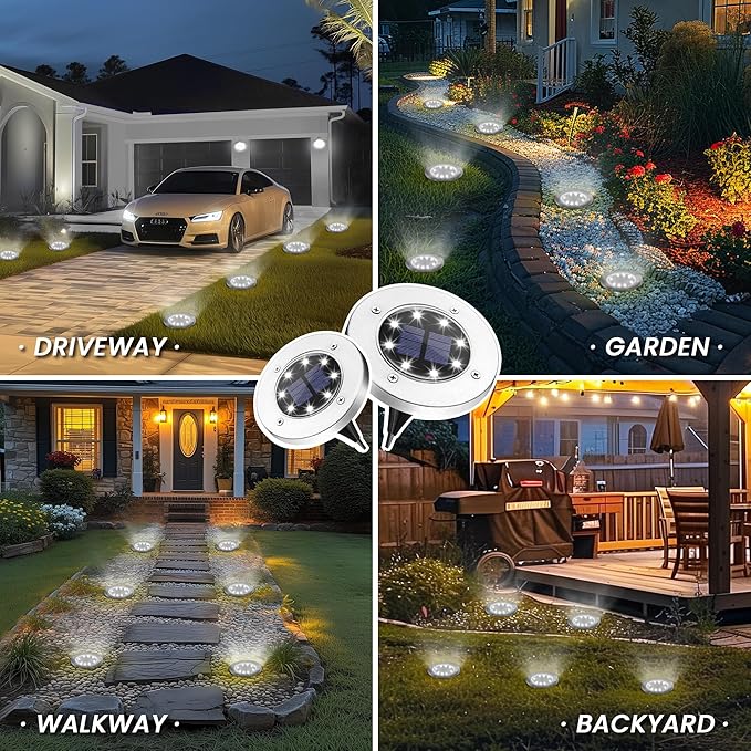 GIGALUMI Solar Ground Lights 12 Pack, 8 LED Automatic Solar Garden Lights, Waterproof Solar Powered In-Ground | Lumora