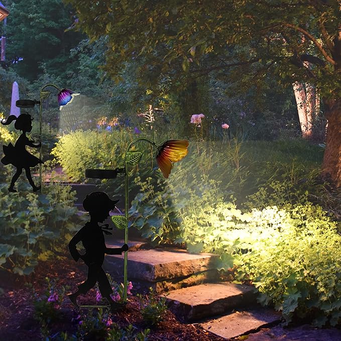 Solar Garden Lights 2 Pack, Boy Girl Silhouettes LED Landscape Lights, Metal Outdoor Decorative for Garden, Landscape, Path, Yard, Patio, Driveway