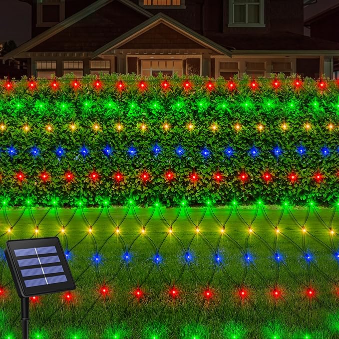 echosari Solar Powered Net Lights, 200 LED 9.8Ft x 6.6Ft Bush net Lights Dark Green Wire Auto On/Off 8 Modes for Bushes Shrubs Lawn Decor (Multicolor)