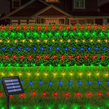 echosari Solar Powered Net Lights, 200 LED 9.8Ft x 6.6Ft Bush net Lights Dark Green Wire Auto On/Off 8 Modes for Bushes Shrubs Lawn Decor (Multicolor)