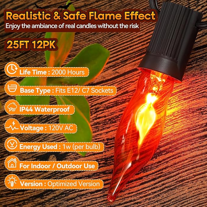 Enchanting Spooky Glow, 25Ft Flickering Flame Halloween Lights with 12 C18 Vintage Bulbs, Weatherproof & | Lumora