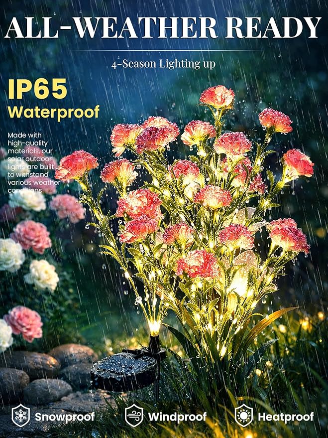 GIGALUMI Solar Lights Outdoor for Garden Decor, 4 Pack Solar Flower Lights Waterproof, 2 Lighting Modes 28 Carnation Flowers for Pathway,Yard, Patio Decoration, Gardening Gifts for Women (Pink)