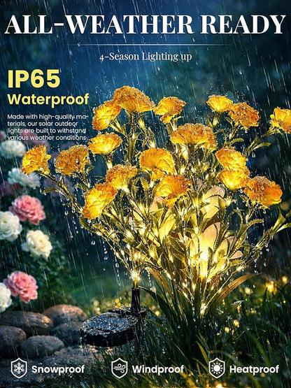 GIGALUMI Solar Lights Outdoor for Garden Decor, 4 Pack Solar Flower Lights Waterproof, 2 Lighting Modes 28 Carnation Flowers for Pathway,Yard, Patio Decoration, Gardening Gifts for Women (Yellow)