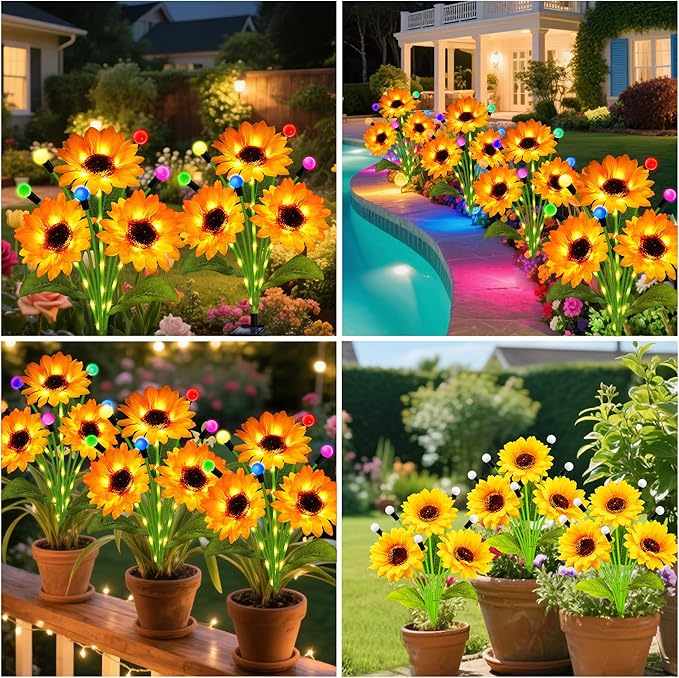 Solar Garden Lights-2 Pack Solar Sunflowers with Multicolor Changing Swaying Firefly Lights,Gifts for Mom Women Mothers Day Birthday,Waterproof Firefly Sunflower Light for Outdoor Patio Yard Decor