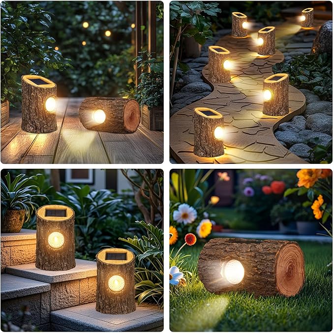 2 Pack Solar Tree Stump Lights Outdoor, Waterproof Solar Spot Garden Lights, Auto On/Off Warm LED Decorative Landscape Lighting for Yard Lawn Patio Pathway Walkway