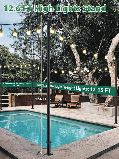 2-Pack Adjustable String Light Poles, 12.6 FT Light Poles for Outside Patio Heavy Duty, Outdoor Deck Lighting Poles with Brackets Bases for Fence Concrete Mount, Metal Stand Hanging Garden Party Decor