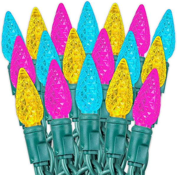 70 Light 24Ft Spring Easter Lights Commercial String Lights C6 LED Strawberry Faceted Bulb – Yellow/Teal/Pink | Lumora