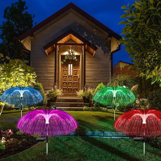 4 Pcs Solar Outdoor Lights for Garden Waterproof Jellyfish 7 Color Changing Decorative Lawn Solar Powered Lights Flower Yard for Pathway Lawn Wedding Party Outside Decor