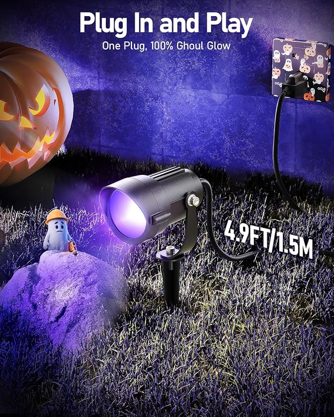 HIBOITEC Halloween Black Light Spotlight Outdoor 12W IP65 Waterproof LED Spot Lights Landscape Lighting with 4.9ft US Plug for Glow Party Body Paint Yard Garden Decorations 1Pack