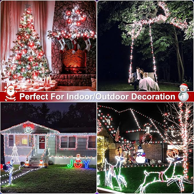 66FT 200 LED Christmas Lights Outdoor, Plug in Christmas String Lights with 8 Modes Waterproof, Connectable Green Wire Twinkle Light for Indoor Patio Garden Xmas Party Decorations, Red and White