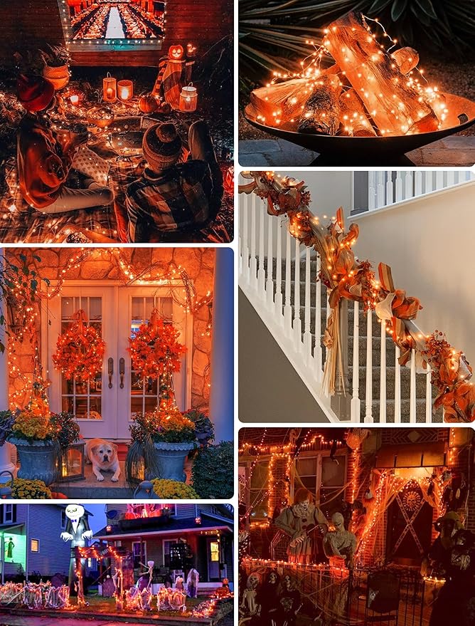 2 Pack Orange Solar Fairy Lights Outdoor,Each 33ft 100 LED Solar Powered Halloween String Lights,Waterproof Copper Wire Twinkle Light for Thanksgiving Christmas Trees Party Yard Decor