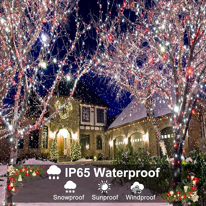 66FT 200 LED Christmas Lights Outdoor, Plug in Christmas String Lights with 8 Modes Waterproof, Connectable Green Wire Twinkle Light for Indoor Patio Garden Xmas Party Decorations, Red and White