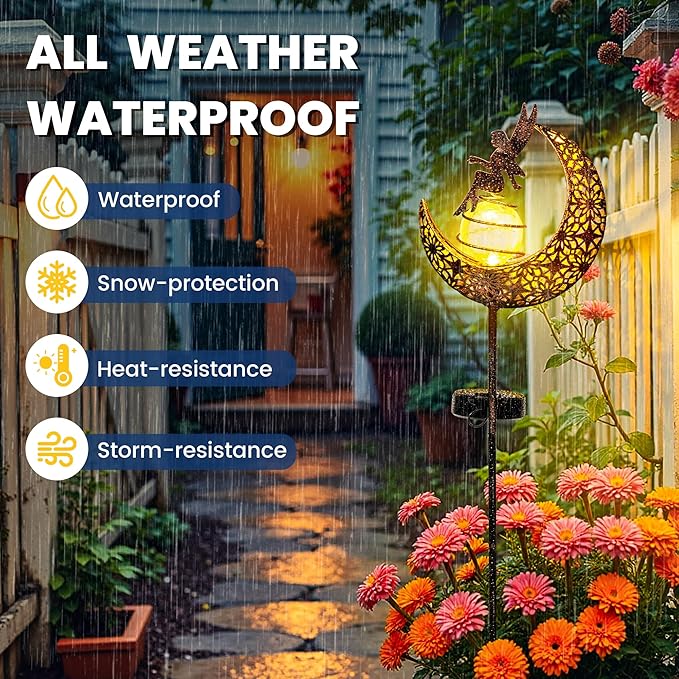 Fairy Garden Solar Lights Outdoor Moon Stakes, Waterproof Outdoor Metal Decor Gifts for Women Mom, Art Moon | Lumora