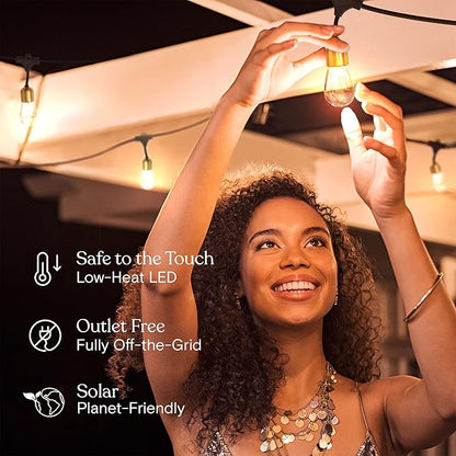 Brightech Glow Solar LED String Lights - Commercial Grade Waterproof Patio Lights with Beautiful Brass Accents - Shatterproof LED Solar Outdoor String Lights - 1W, Soft White Light - 27 Ft