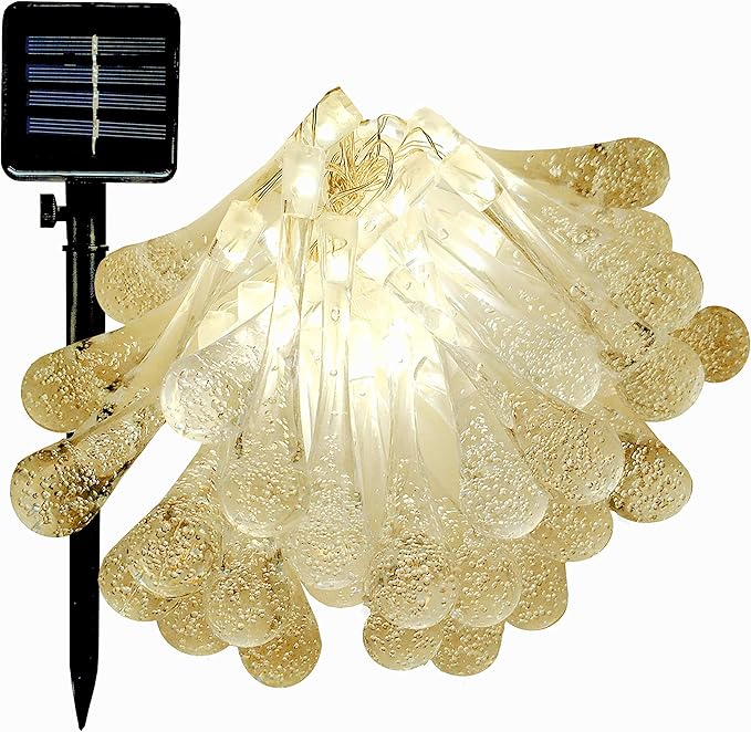 Hometown Evolution, Inc. Solar Powered Water Drop String Lights - 30 LED Warm White, 8 Modes, Outdoor Waterproof | Lumora