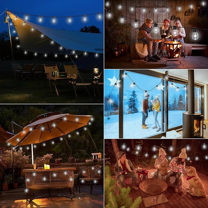 LED Outdoor String Lights, 50FT Patio Lights with 16Pcs Shatterproof S14 Bulb(1 Spare),4 Lighting Mode, Connectable, Waterproof White Edison Plastic Bulb Hanging Light for Yard Gazebo Porch Décor