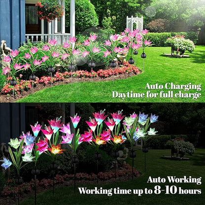 Outdoor Solar Lights Garden Decoration Bigger Lily Flowers 2 Pack, Waterproof 5 Color Changing LED Powered Light Large Panel for Garden Pathway Patio, Gift for Mom Grandma (Purple and White)