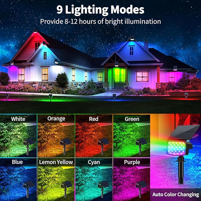 Solar Color Changing Spot Lights Outdoor, [9 Modes/4 Pack] Solar Christmas Lights Outdoor Waterproof IP65 | Lumora