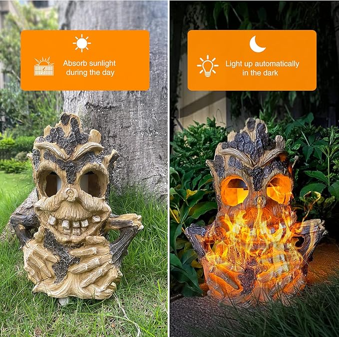 Solar Light Outdoor Waterproof, Garden Statues Tiki Decor Halloween Solar Lanterns, Tree Stump on Fire Flickering Flame Light Waterproof for Table, Yard, Garden, Patio, Pathway, Holiday