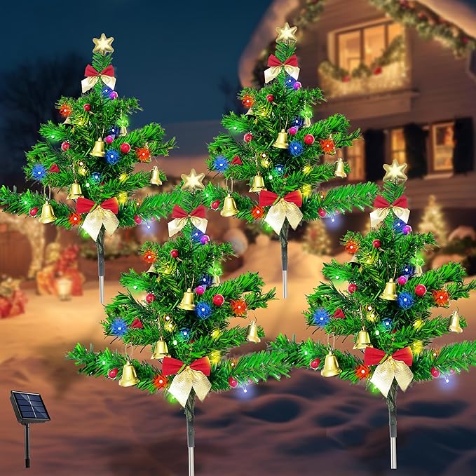 Solar Christmas Tree Pathway Stake Lights, 4 Pack Outdoor Christmas Tree Decorations, Multicolor 8 Lighting Modes Waterproof Solar Powered Lights for Outside Garden Yard Cemetery Xmas