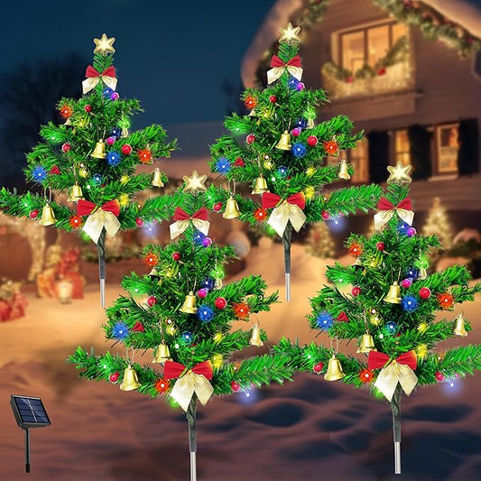 Solar Christmas Tree Pathway Stake Lights, 4 Pack Outdoor Christmas Tree Decorations, Multicolor 8 Lighting Modes Waterproof Solar Powered Lights for Outside Garden Yard Cemetery Xmas
