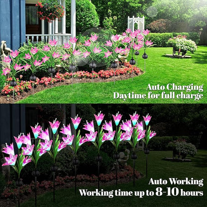 Solar Powered Lily Flower Lights Outdoor, Waterproof Color Changing Garden Lights with Large Solar Panel, 2 Pack for Patio, Yard, Pathway Decoration