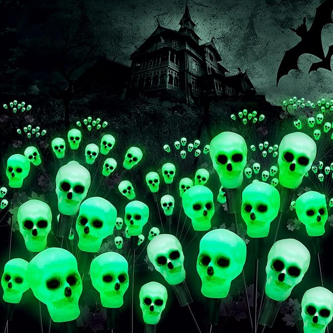 2 Pack 16LED Solar Skull Halloween Lights - IP65 Waterproof Outdoor Decorations, Scary Swaying Firefly Lights for Garden, Patio, Yard, Lawn Decor