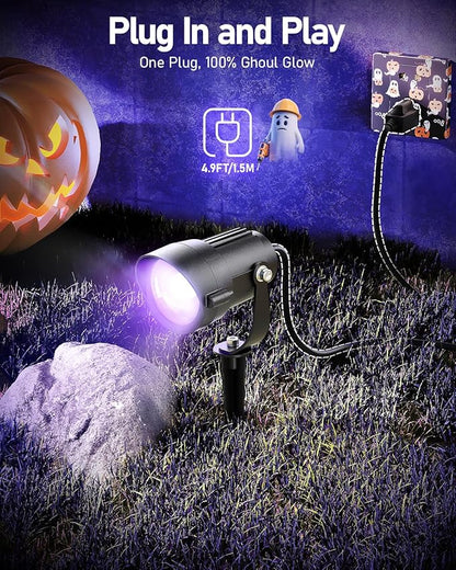 HIBOITEC Halloween Black Light Spotlight Outdoor 12W IP65 Waterproof LED Spot Lights Landscape Lighting with US Plug for Glow Party Body Paint Yard Garden Decorations 2Packs