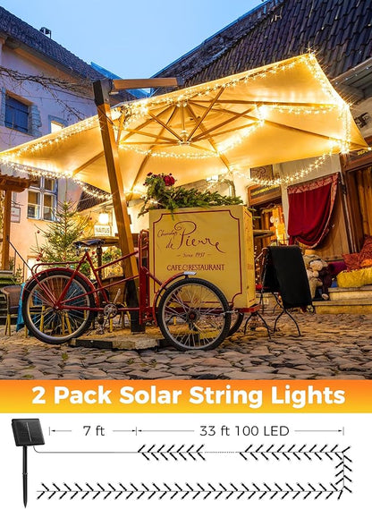 Solar String Lights Outdoor, 2 Pack Total 80FT 200 LED Solar Powered String Lights with 8 Lighting Modes, Waterproof Patio Lights, Solar Lights for Outside Tree Garden Balcony Gazebo Party, Warm White