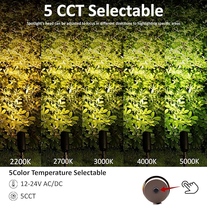 Low Voltage Landscape Lighting, 5CCT Low Voltage Landscape Spotlights, 12V Uplighting Outdoor Wired, 7W LED Spot Lights Outdoor for Tree Wall Flag with Adjustable Beam Angle (Bronze, 6)
