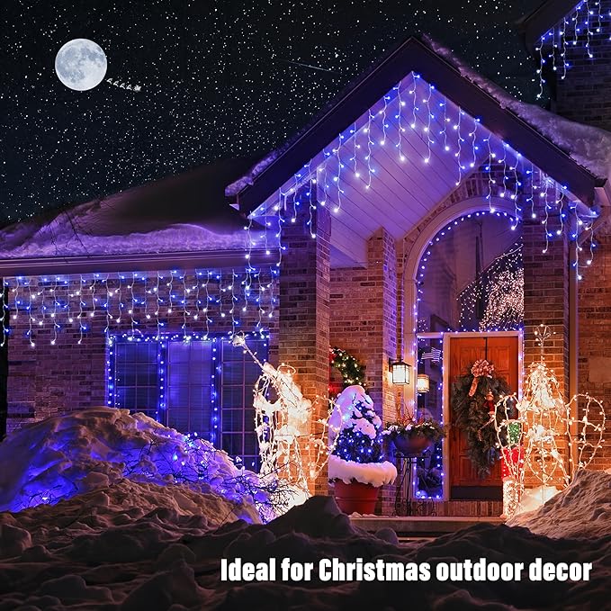 Joomer Christmas Icicle Lights - 66FT String Lights Outdoor Waterproof, 8 Modes Timer Connectable Plug-in String Light for Eaves, Roofs, Christmas Decorations (White+Blue, Non-Connectable)