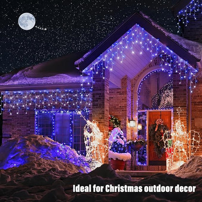 Joomer Christmas Icicle Lights - 66FT String Lights Outdoor Waterproof, 8 Modes Timer Connectable Plug-in String Light for Eaves, Roofs, Christmas Decorations (White+Blue, Non-Connectable)