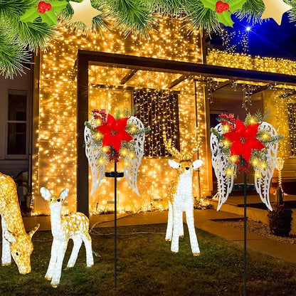 Baquler 2 Pack Christmas Outdoor Decorations Solar Stake Lights, Led Angel Wings Metal Stakes with Big Poinsettia Flower, Grave Pathway Lights for Lawn Garden Cemetery Decor