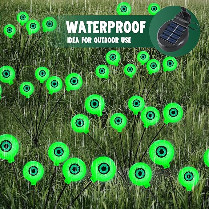 JOYIN Halloween Decorations Outdoor Solar Scary Eyeball Lights, 4 Pcs 24LEDs Green Pathway Yard Stakes, Waterproof Firefly Lights for Halloween Graveyard Yard Garden Patio Walkway Party