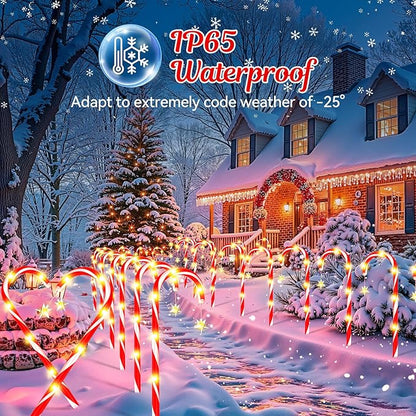 E-Kong 24 Pack Solar Candy Cane Lights Outdoor Christmas Decorations, 10 Modes, 12 Hours Bright Lighting Christmas Decorations Outdoor, Solar Pathway Lights Waterproof for Yard Patio Garden