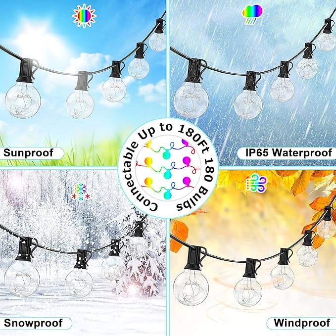 LED Outdoor String Lights, 30FT Connectable G40 Patio Light Outdoor Waterproof with 30 LED Bulbs, RGB Color Changing Cafe Decorative Lights with Remote for Outside Camping Gazebo Party Balcony Decor
