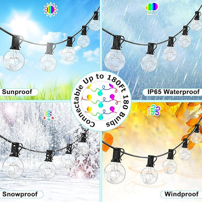 LED Outdoor String Lights, 30FT Connectable G40 Patio Light Outdoor Waterproof with 30 LED Bulbs, RGB Color Changing Cafe Decorative Lights with Remote for Outside Camping Gazebo Party Balcony Decor