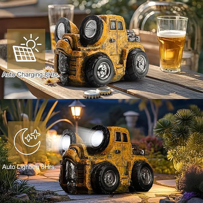 Garden Statue Outdoor Construction Truck Decor with Solar Light Decoration for Yard Patio Lawn Vintage Engineering Decor Gifts for Men