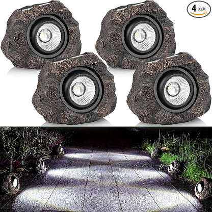 Solar Rock Lights Outdoor Garden Waterproof - Super Bright LED Solar Spotlights, Solar Powered Landscape Path Decorative Garden Stone Lights for Pathway, Walkway, Yard, Patio (4 Pack)