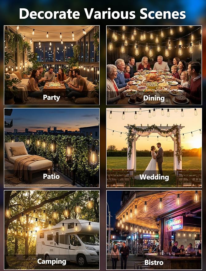 LED Outdoor Lights for Patio 20Ft, Waterproof Patio String Lights with 22 ST40 LED Edison Bulbs for Deck, Garden, Backyard,House, E17 Base, 2700K Dimmable, Vintage String Lights- Black Wire