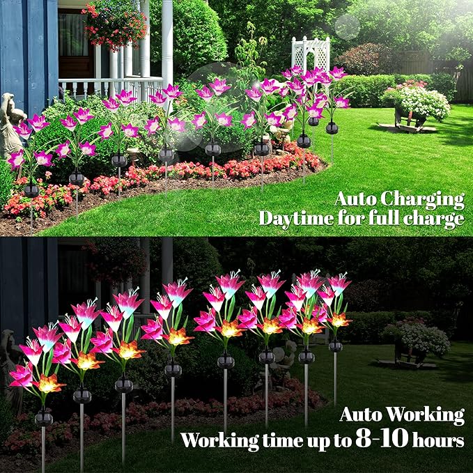 Solar Powered Lily Flower Lights Outdoor, Waterproof Color Changing Garden Lights with Large Solar Panel, 2 Pack for Patio, Yard, Pathway Decoration