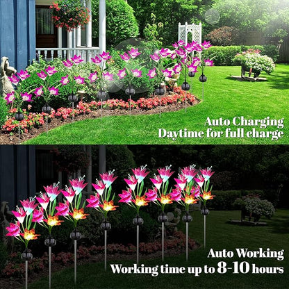 Solar Powered Lily Flower Lights Outdoor, Waterproof Color Changing Garden Lights with Large Solar Panel, 2 Pack for Patio, Yard, Pathway Decoration