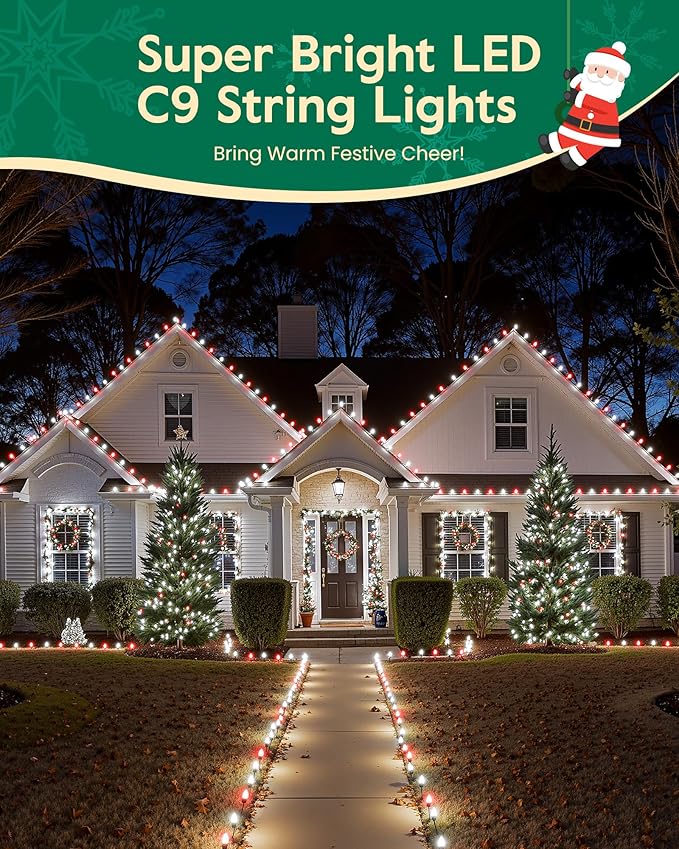 C9 LED Christmas Lights Outdoor with 100 Spring Clips, 65FT 100 LED C9 String Lights Waterproof Connectable for Roofline Patio House Yard Windows Xmas Tree Indoor Outdoor Christmas Decor, Red White