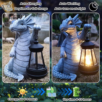 Solar Garden Decor Dragon Statues with Solar Lantern,Dragon Figurine Lights Outdoor Decorations for Yard Lawn Patio Balcony Whimsical Art Outside,Unique Housewarming Gift for Mom Grandma Women