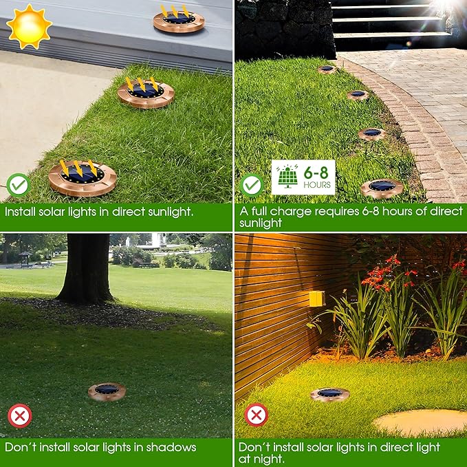 Biling Solar Ground Lights Outdoor with16 LEDs, Bright Waterproof Solar Lights Outdoor with Brass Finish, Flat Landscape Lighting for Yard Garden Pathway Driveway Deck (Warm 8 Pack)