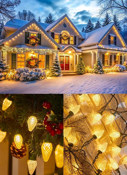 C9 Christmas Lights Outdoor, 114 Feet 150 LED C9 String Lights with Timer & 8 Light Modes, Waterproof Commercial Grade Connectable Christmas Tree Lights for Indoor Outside Roofline Patio, Warm White